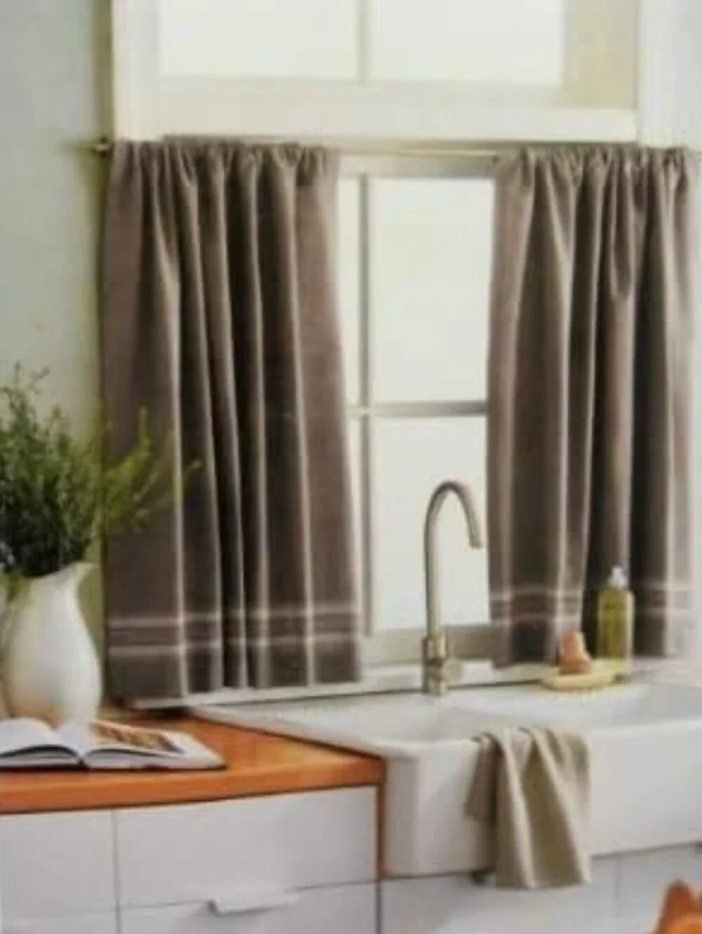 Threshold Light Filtering Cafe Curtain 42inch×36inch Gray w/Cream Stripe - (Set